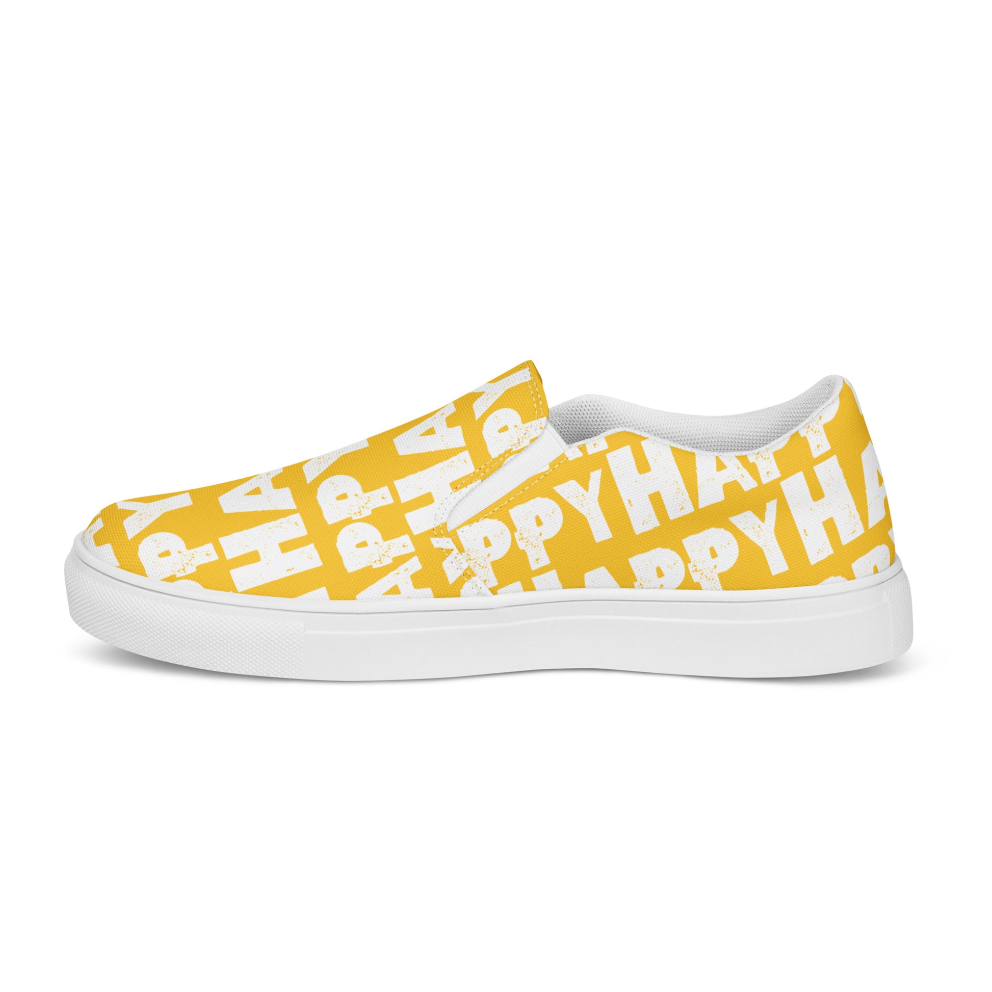 Happy Shoes Mens Slip on Shoes outside view left shoe yellow and white Happy Sponge Print Deck Shoes HappyStuff brand