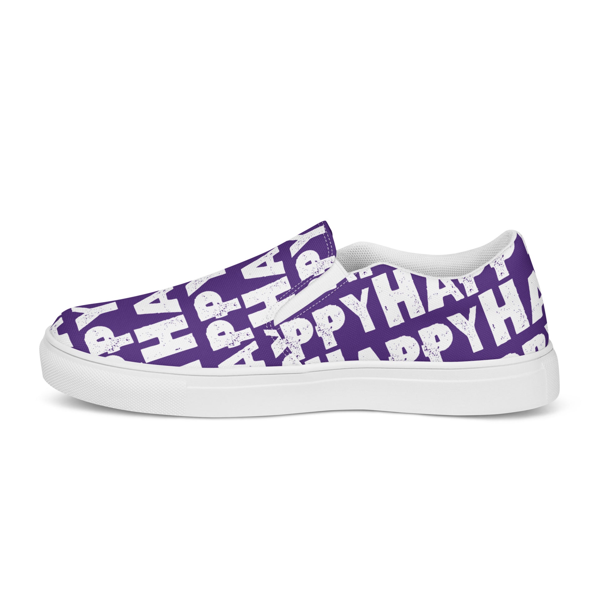 Happy Shoes Mens Slip on Shoes outside view left shoe purple and white Happy Sponge Print Deck Shoes HappyStuff brand