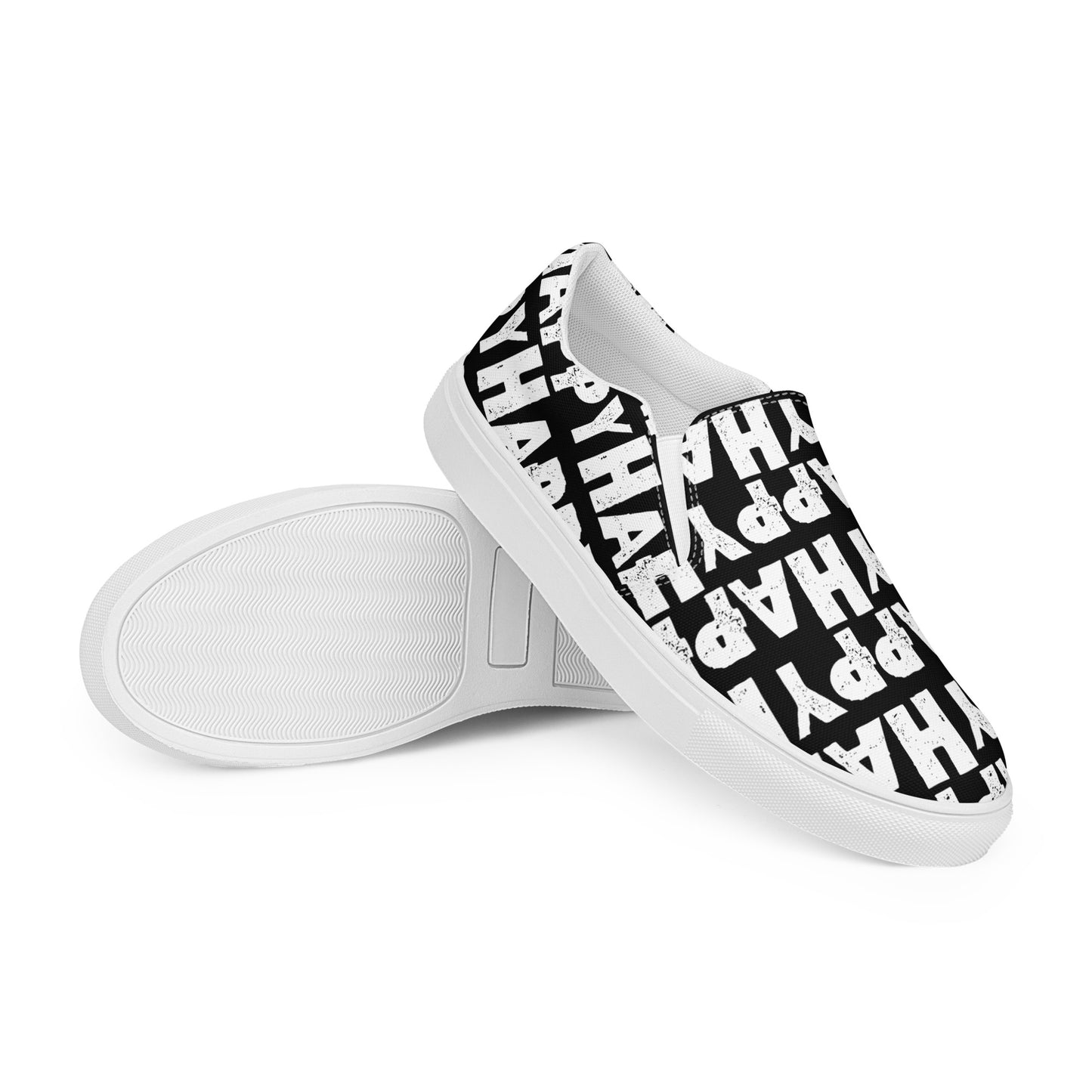 Mens Sneakers black and white Happy Sponge Print Slip on Shoes EVA Rubber Outsole closeup sole view