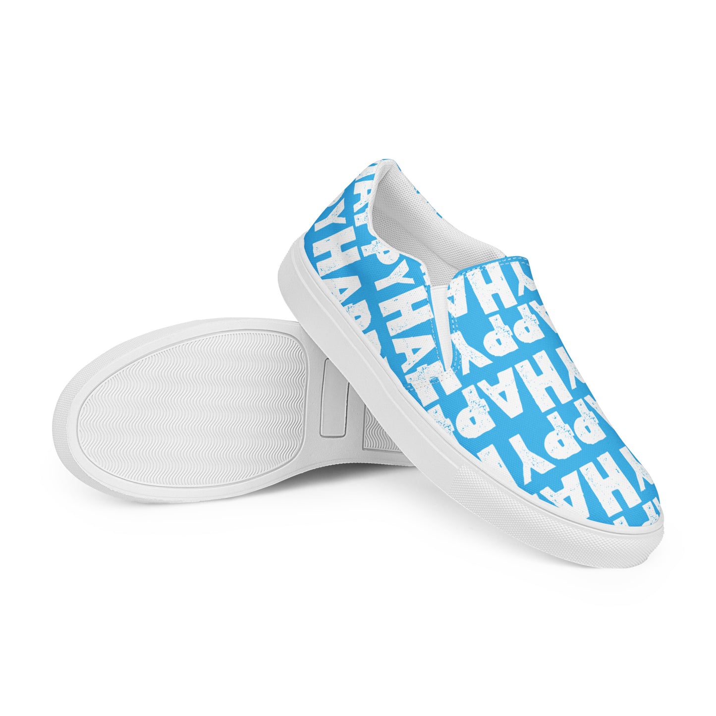 Mens Sneakers blue and white Happy Sponge Print Slip on Shoes EVA Rubber Outsole closeup sole view