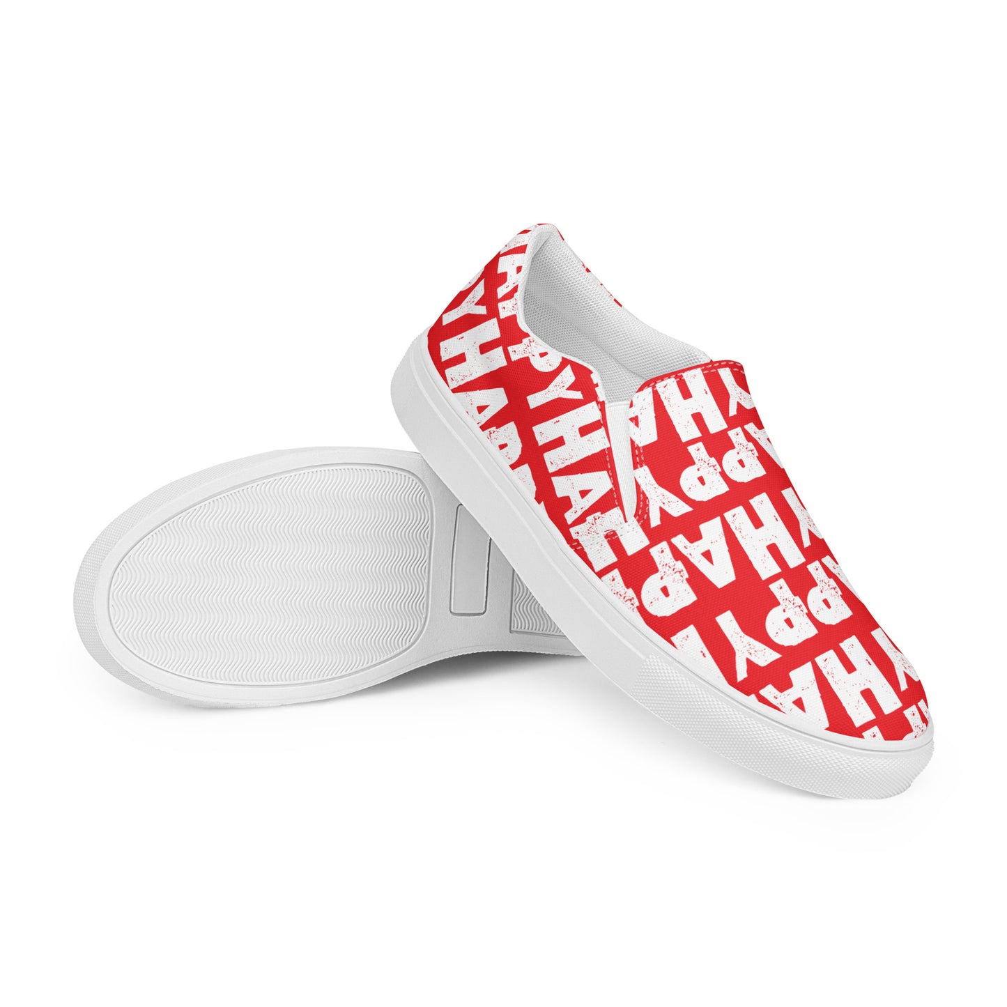 Mens Sneakers red and white Happy Sponge Print Slip on Shoes EVA Rubber Outsole closeup sole view