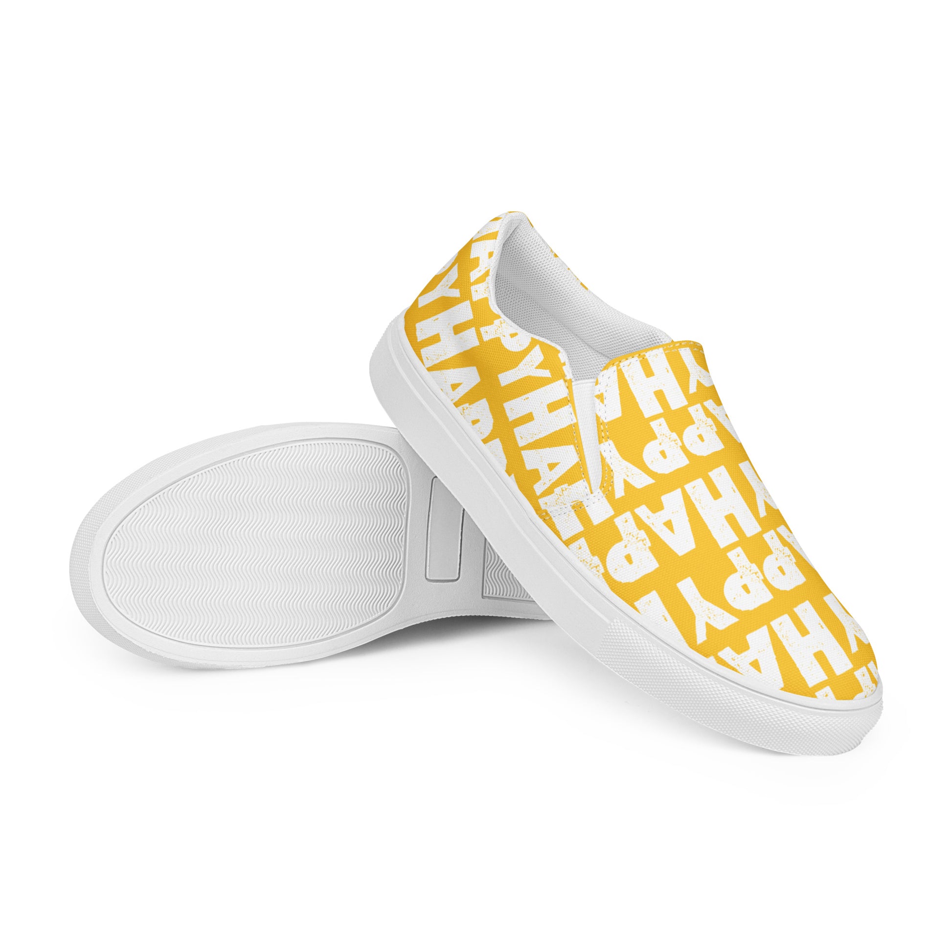 Mens Sneakers yellow and white Happy Sponge Print Slip on Shoes EVA Rubber Outsole closeup sole view