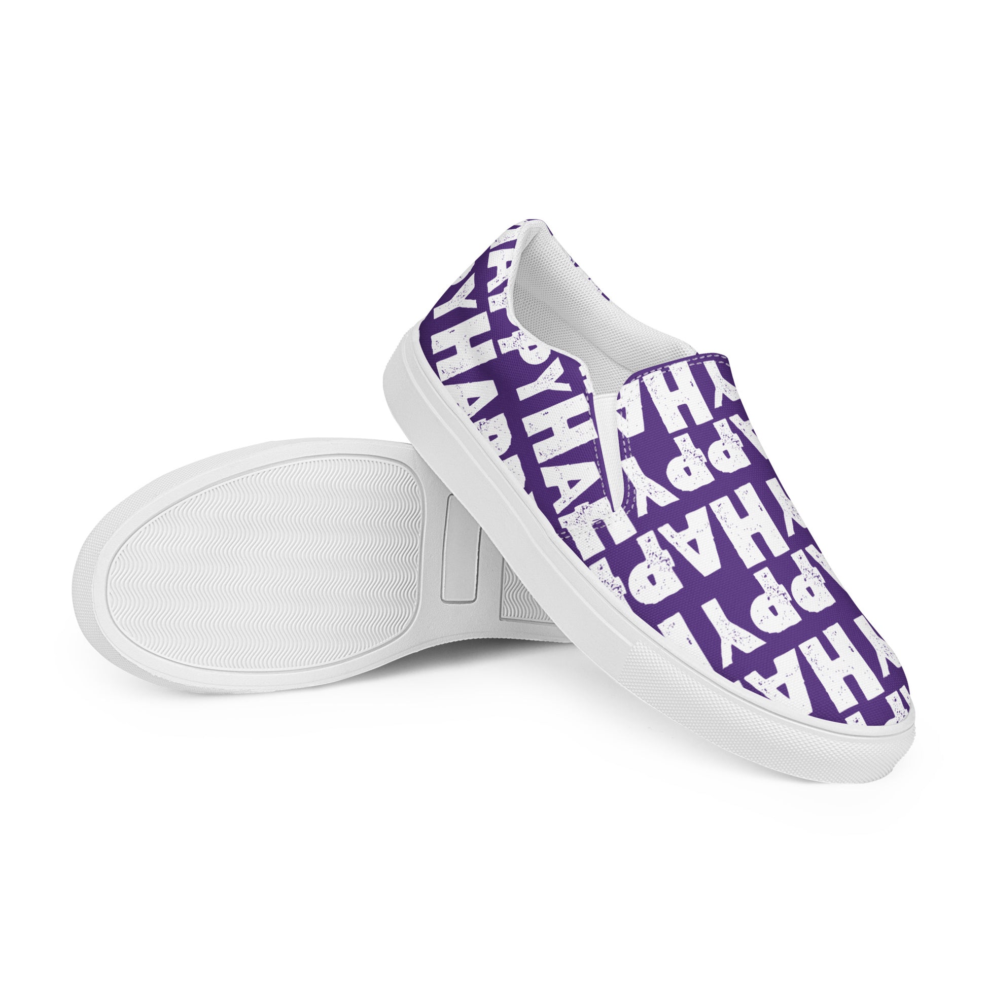 Mens Sneakers purple and white Happy Sponge Print Slip on Shoes EVA Rubber Outsole closeup sole view