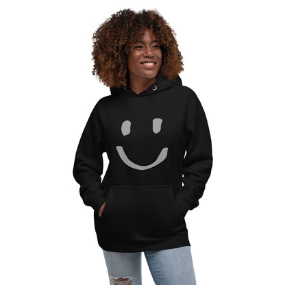 woman wearing black Cotton Hoodie Happy Face Painted Printed Modern Fit All Gender Hoodie tailored fit pouch pocket Flat matching draw string front view