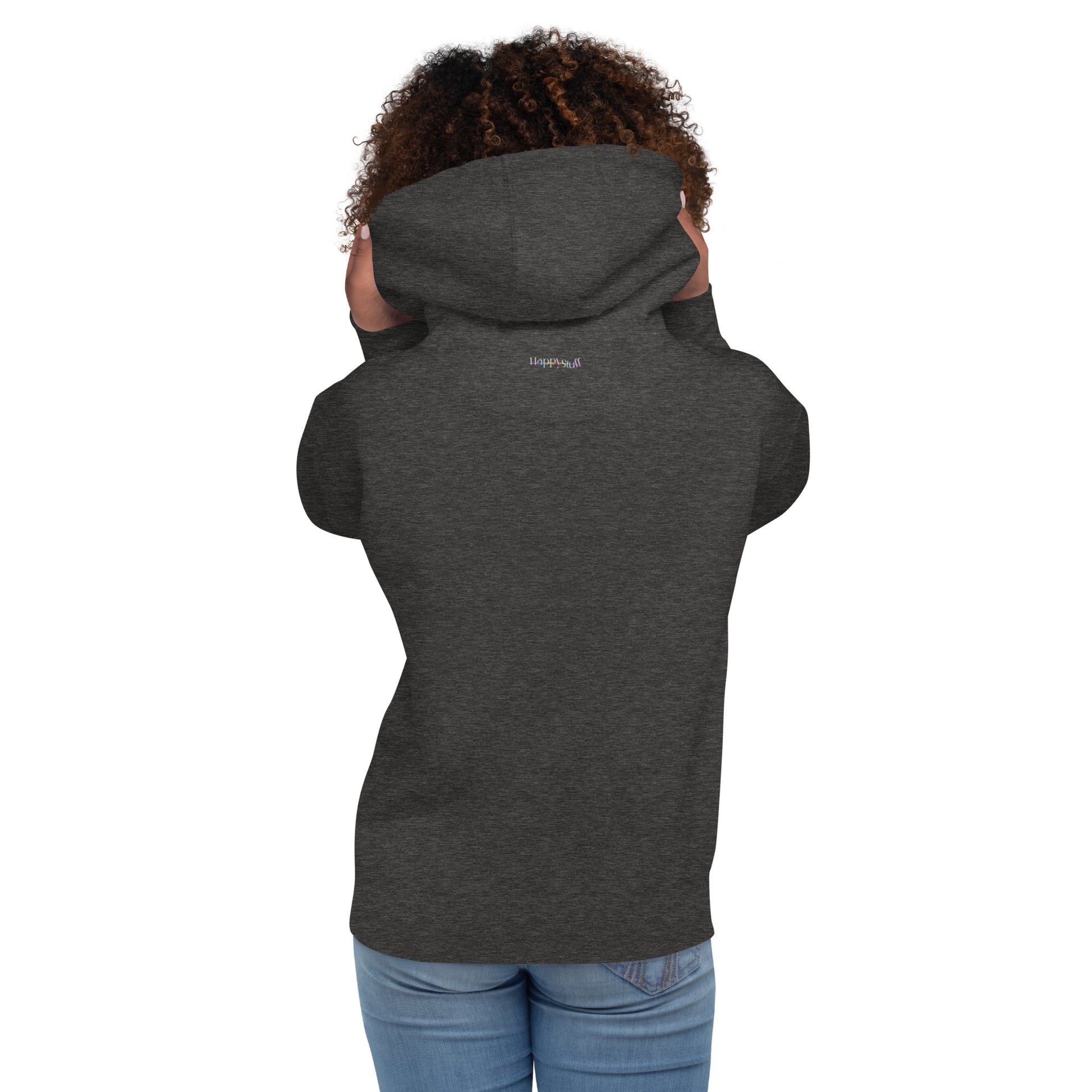 woman wearing Charcoal Heather Cotton Hoodie back view Modern Fit All Gender Hoodie tailored fit three panel hood HappySuff brand