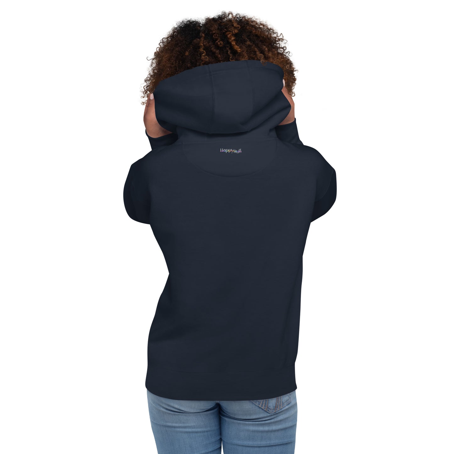 woman wearing navy Cotton Hoodie back view Modern Fit All Gender Hoodie tailored fit three panel hood HappySuff brand