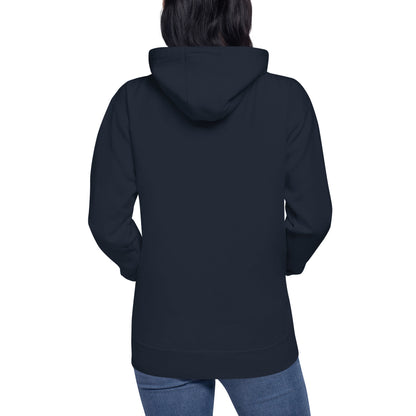 woman wearing navy Cotton Hoodie back view Modern Fit All Gender Hoodie tailored fit three panel hood