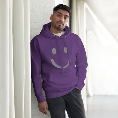 man wearing purple Cotton Hoodie Happy Face Painted Printed Modern Fit All Gender Hoodie tailored fit pouch pocket Flat matching draw string front view