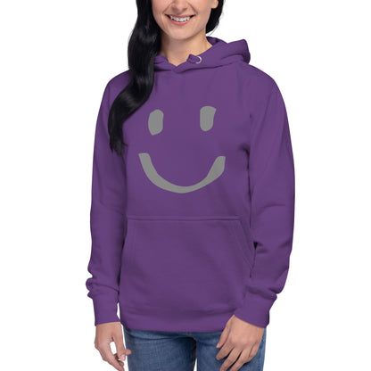 woman wearing purple Cotton Hoodie Happy Face Painted Printed Modern Fit All Gender Hoodie tailored fit pouch pocket Flat matching draw string front view