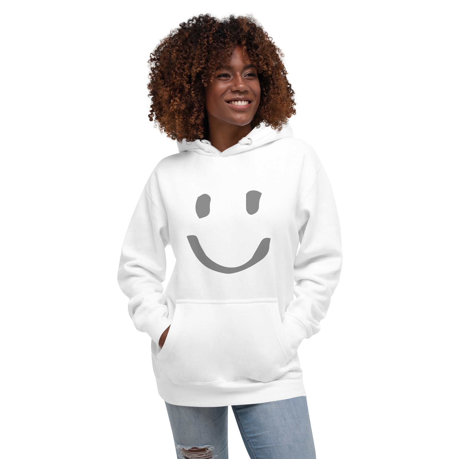 woman wearing white Cotton Hoodie Happy Face Painted Printed Modern Fit All Gender Hoodie tailored fit pouch pocket Flat matching draw string front view