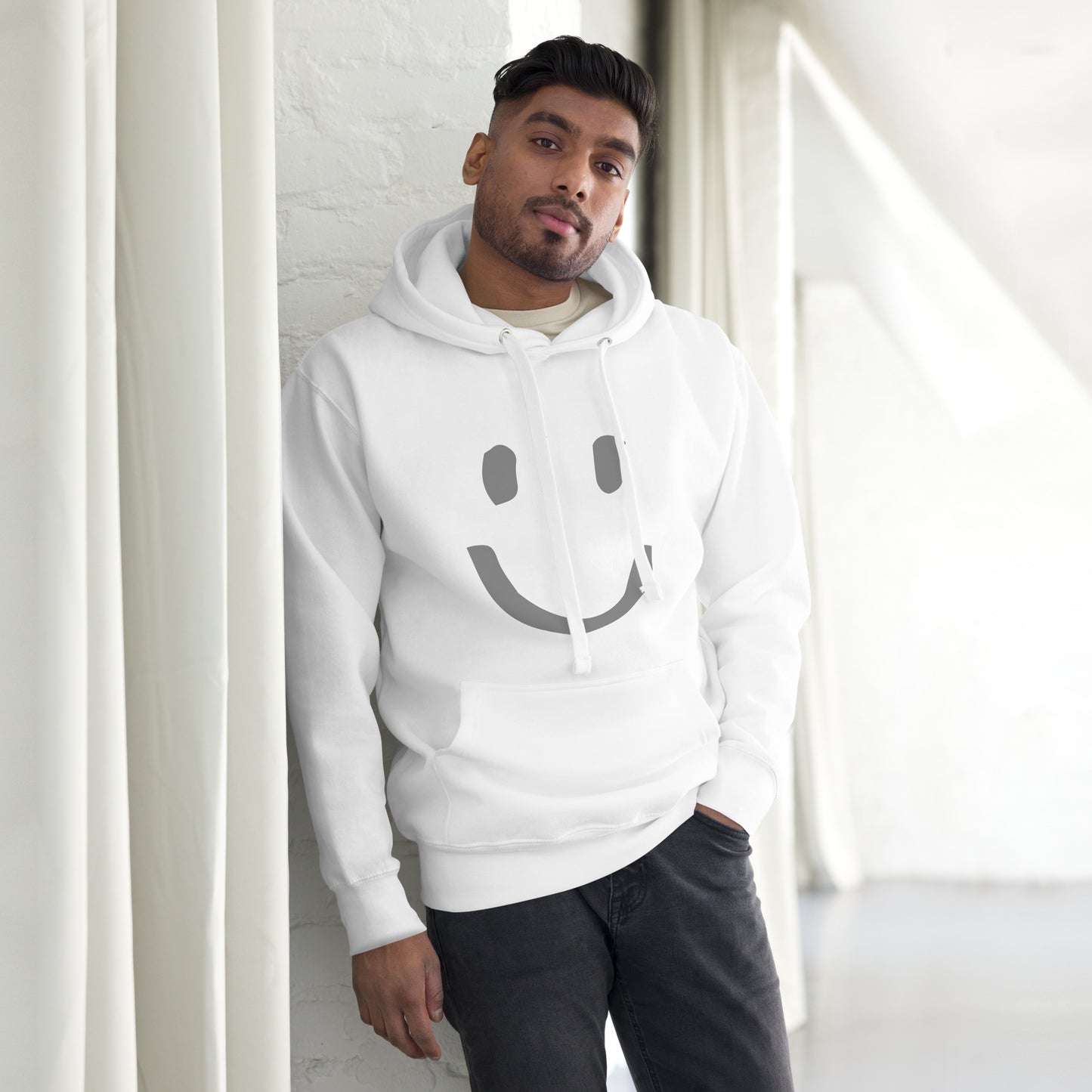 man wearing white Cotton Hoodie Happy Face Painted Printed Modern Fit All Gender Hoodie tailored fit pouch pocket Flat matching draw string front view