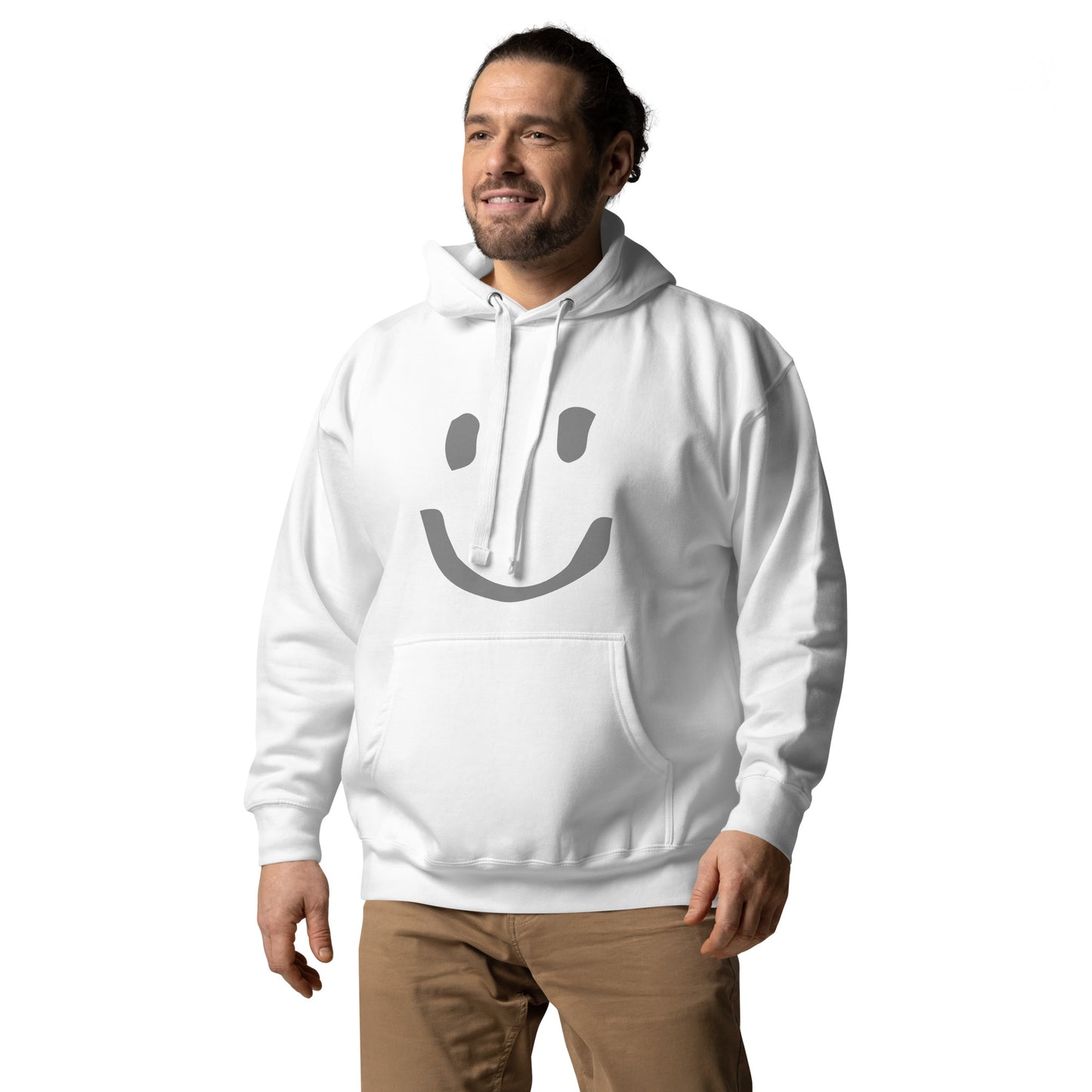 man wearing white Cotton Hoodie Happy Face Painted Printed Modern Fit All Gender Hoodie tailored fit pouch pocket Flat matching draw string front view