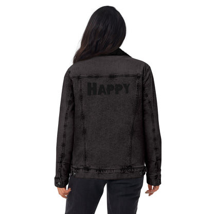 all gender black denim jacket back view woman wearing sherpa collar sherpa lined jacket black jean jacket