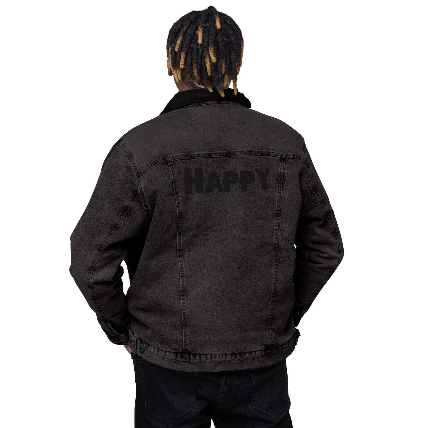 all gender black denim jacket back view man wearing jean jacket sherpa collar sherpa lined jacket 