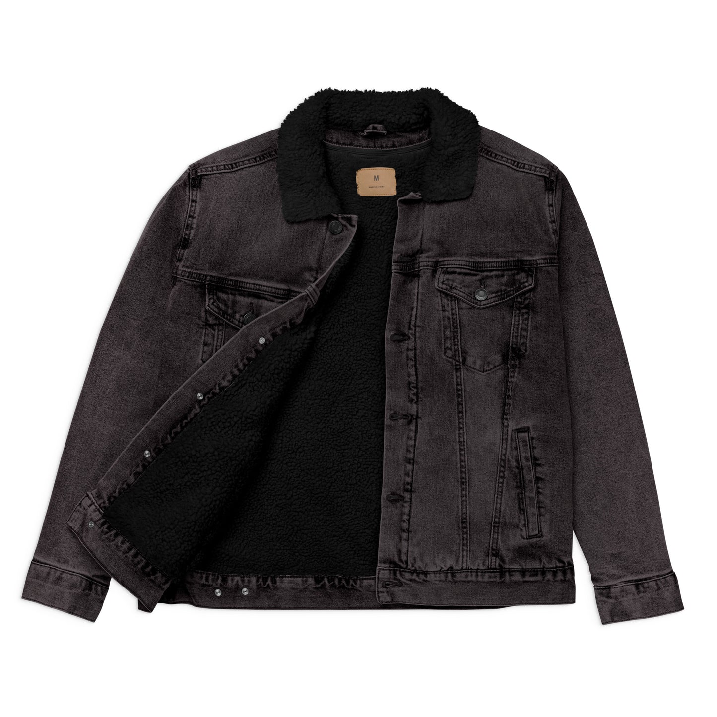 all gender black denim jacket front view open jean jacket sherpa lined jacket sherpa collar sherpa denim jacket