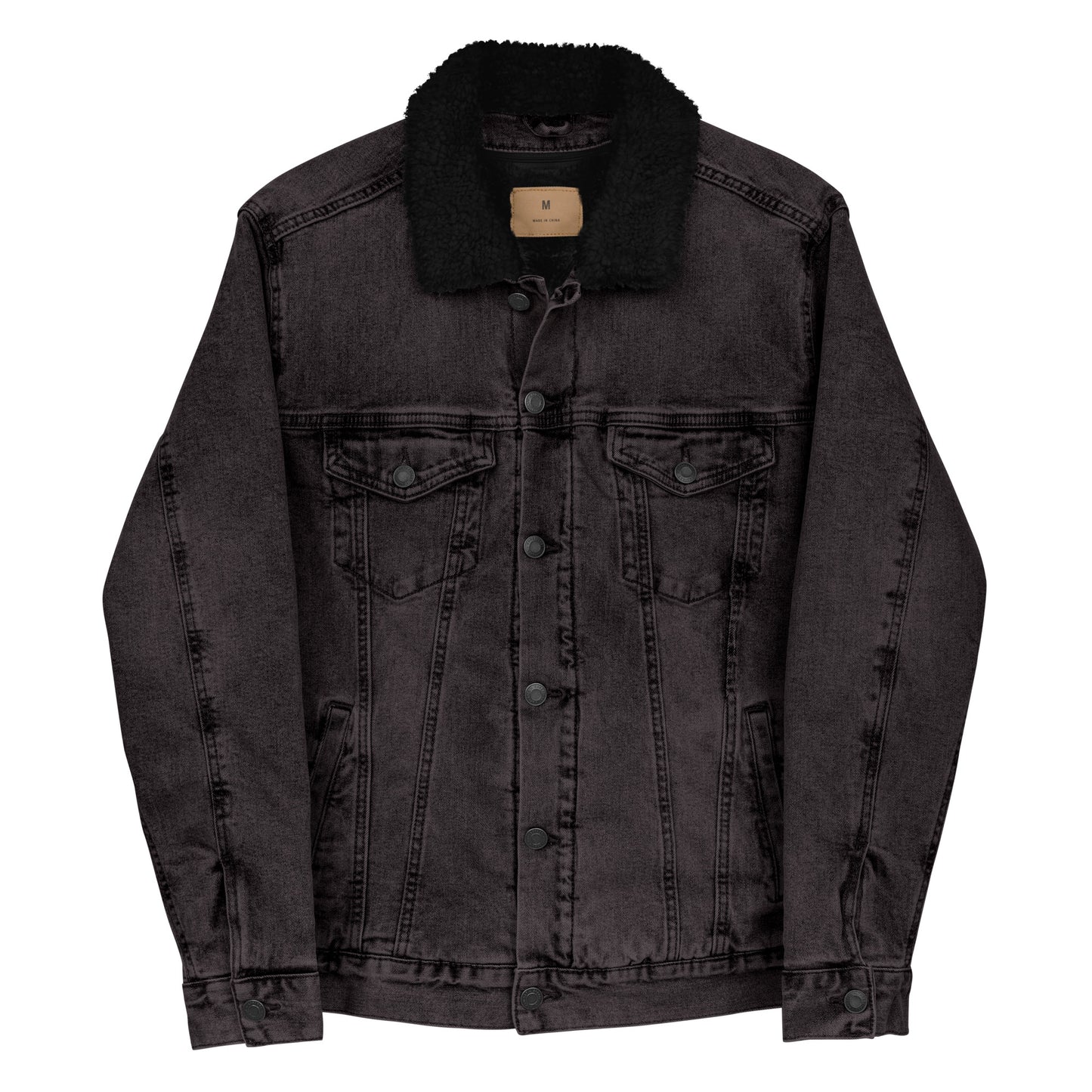 all gender black denim jacket front view buttoned jean jacket sherpa lined jacket sherpa collar sherpa denim jacket