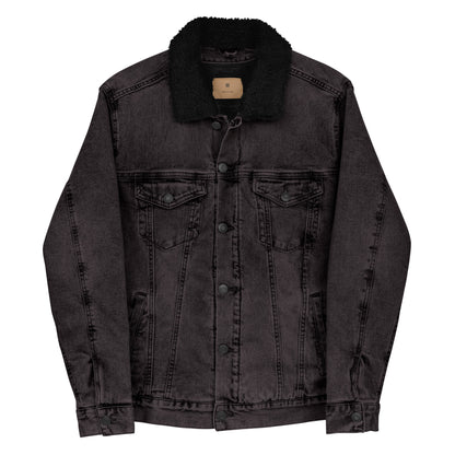 all gender black denim jacket front view buttoned jean jacket sherpa lined jacket sherpa collar sherpa denim jacket