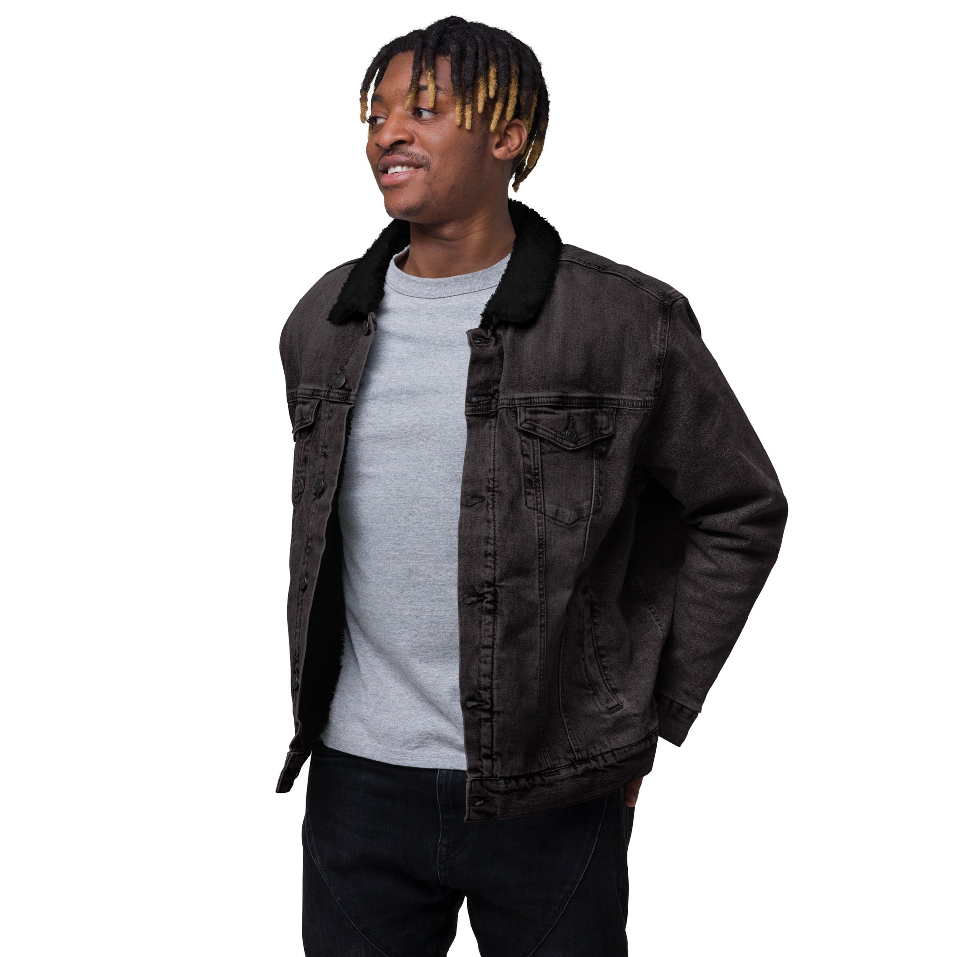 all gender black denim jacket left front side view man wearing open jean jacket sherpa collar sherpa lined jacket sherpa denim jacket