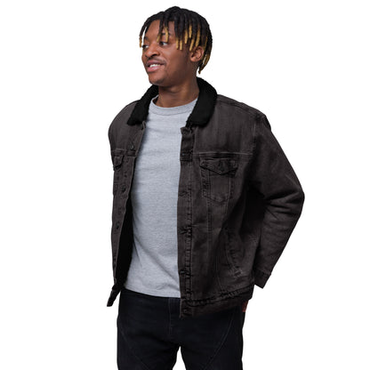 all gender black denim jacket left front side view man wearing open jean jacket sherpa collar sherpa lined jacket sherpa denim jacket