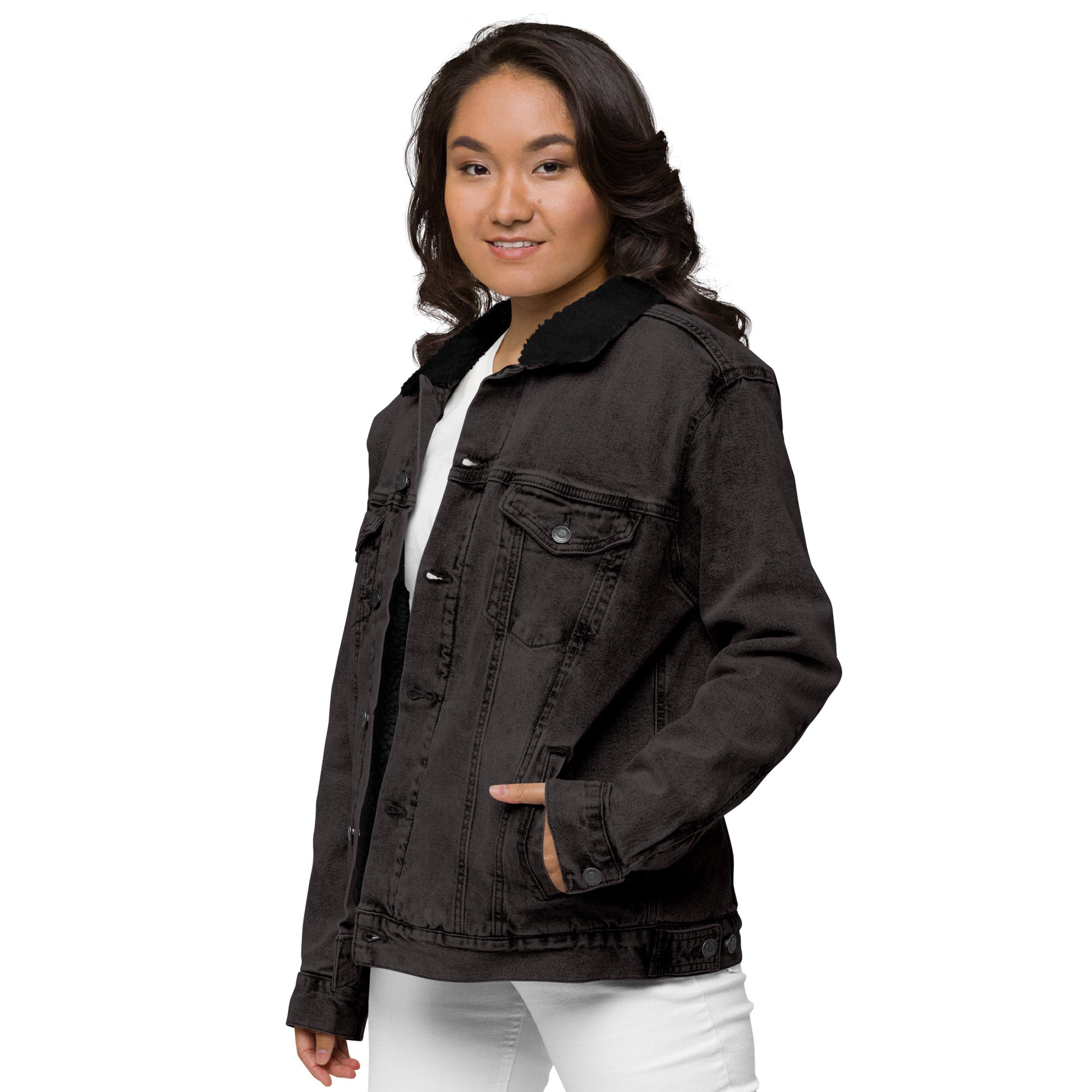 all gender black denim jacket left front side view woman wearing open jean jacket sherpa collar sherpa lined jacket