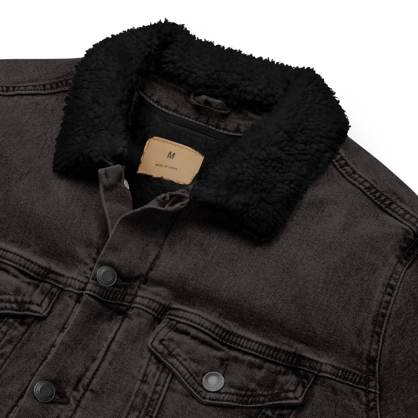 all gender black denim jacket front view buttoned sherpa collar detail black jean jacket sherpa lined jacket