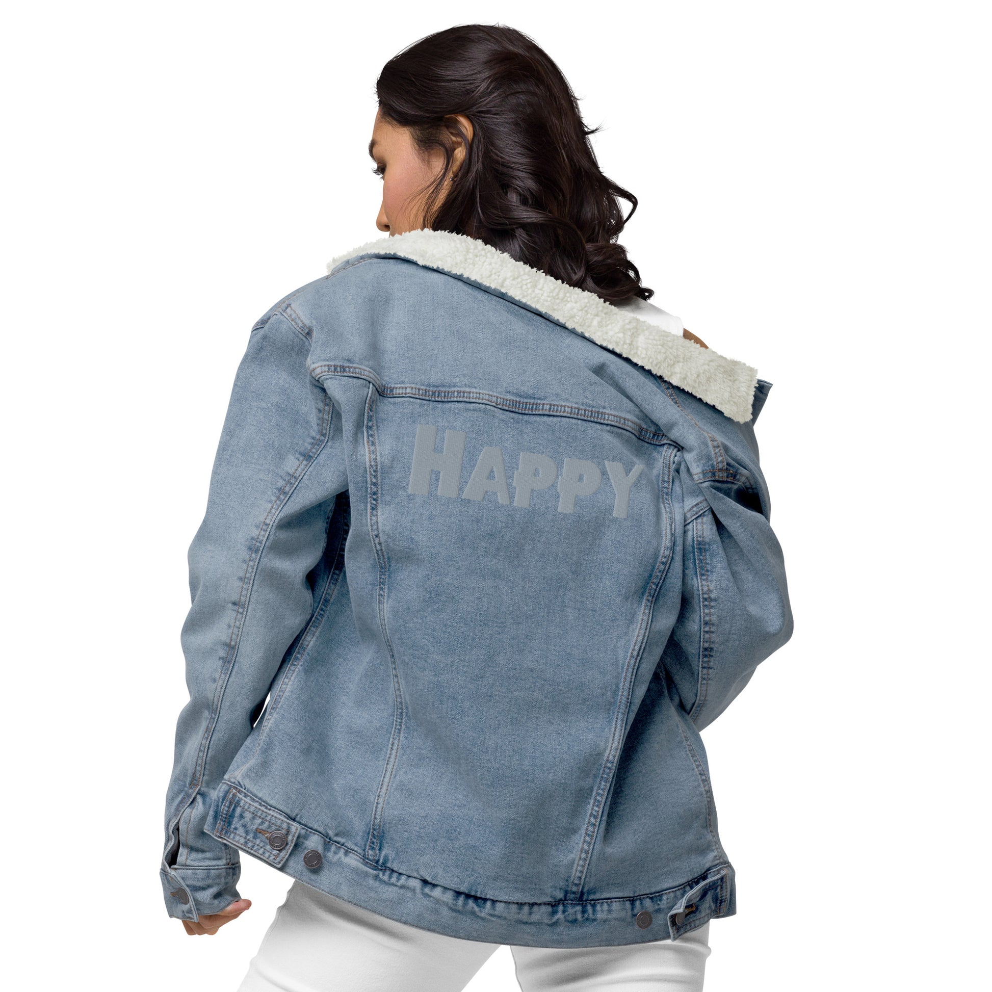 all gender denim jacket Woman wearing back view off right shoulder sherpa collar sherpa lined jacket jean jacket