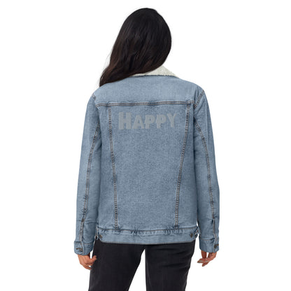 all gender denim jacket back view woman wearing sherpa collar sherpa lined jacket jean jacket