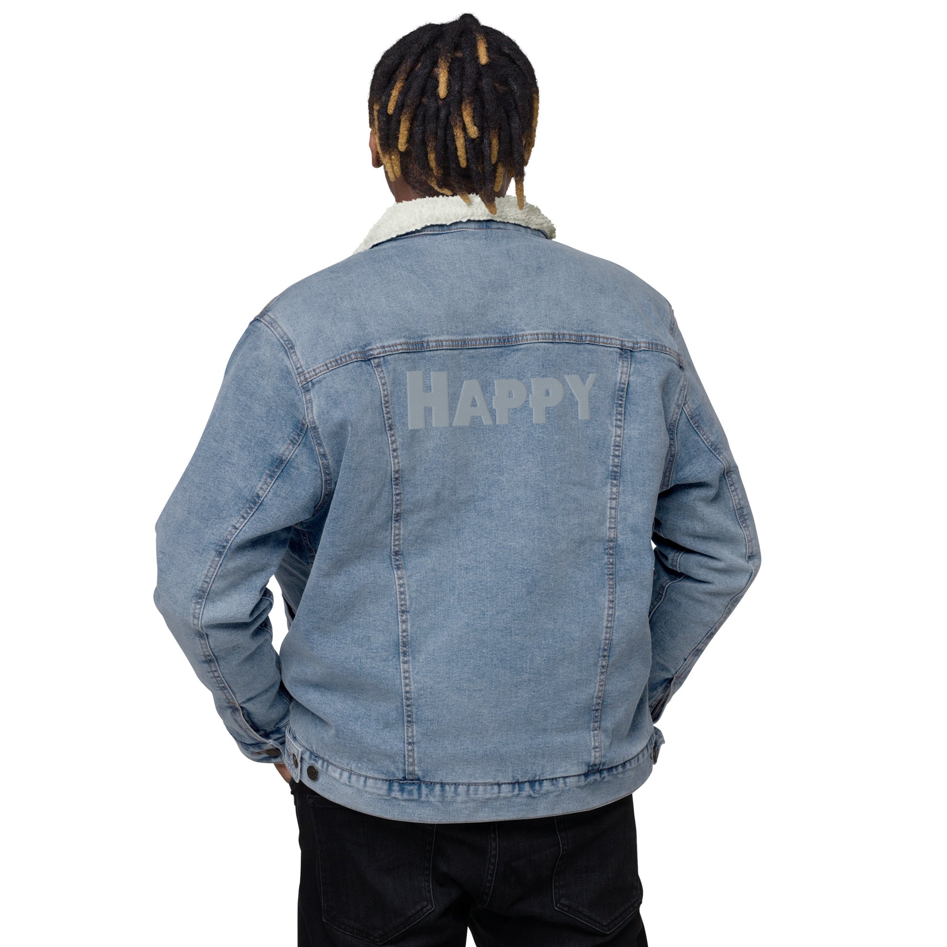 all gender blue denim jacket back view man wearing jean jacket sherpa collar sherpa lined jacket