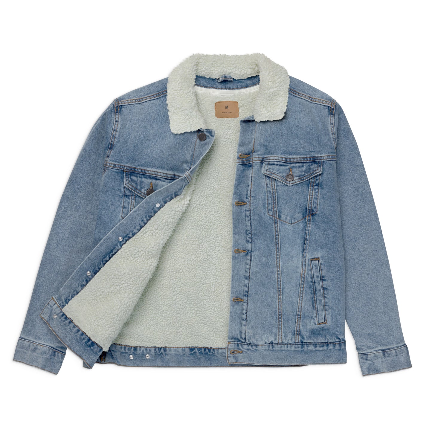 all gender denim jacket front view open jean jacket sherpa lined jacket sherpa collar sherpa denim jacket