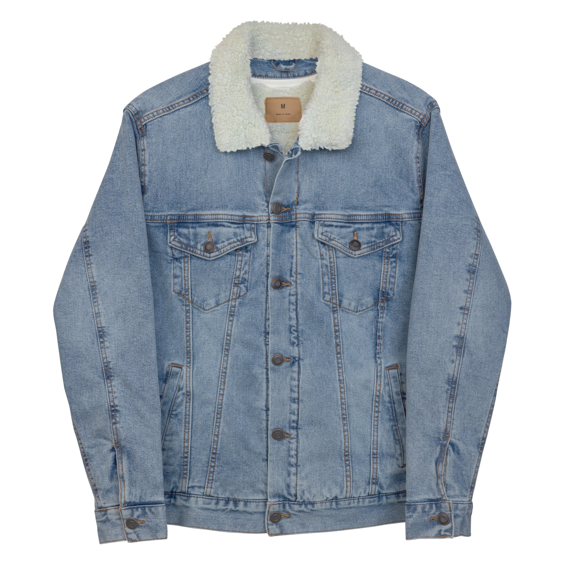 all gender blue denim jacket front view buttoned jean jacket sherpa lined jacket sherpa collar sherpa denim jacket