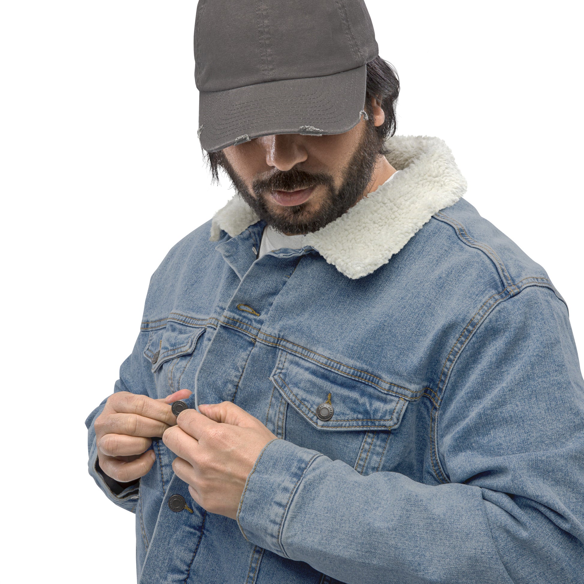 all gender denim jacket left front side view man wearing jean jacket sherpa collar sherpa lined jacket