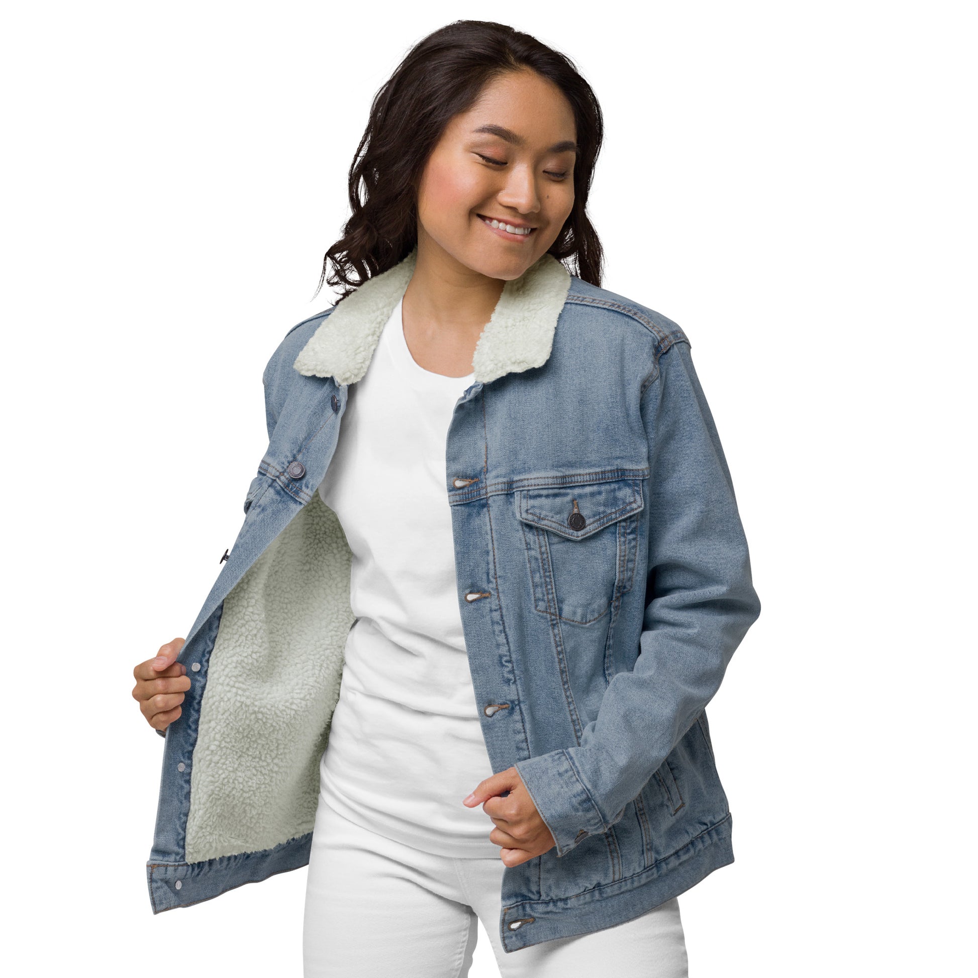 all gender denim jacket left front side view woman wearing open jean jacket sherpa lined jacket sherpa collar