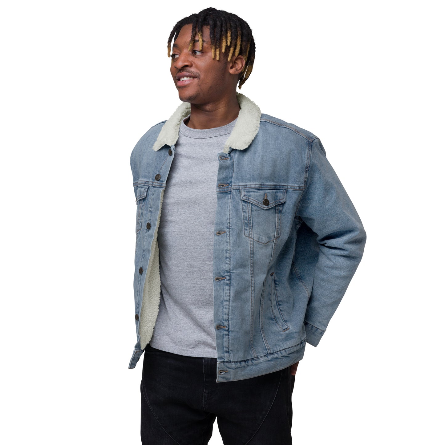 all gender denim jacket left front side view man wearing open jean jacket sherpa collar sherpa lined jacket sherpa denim jacket