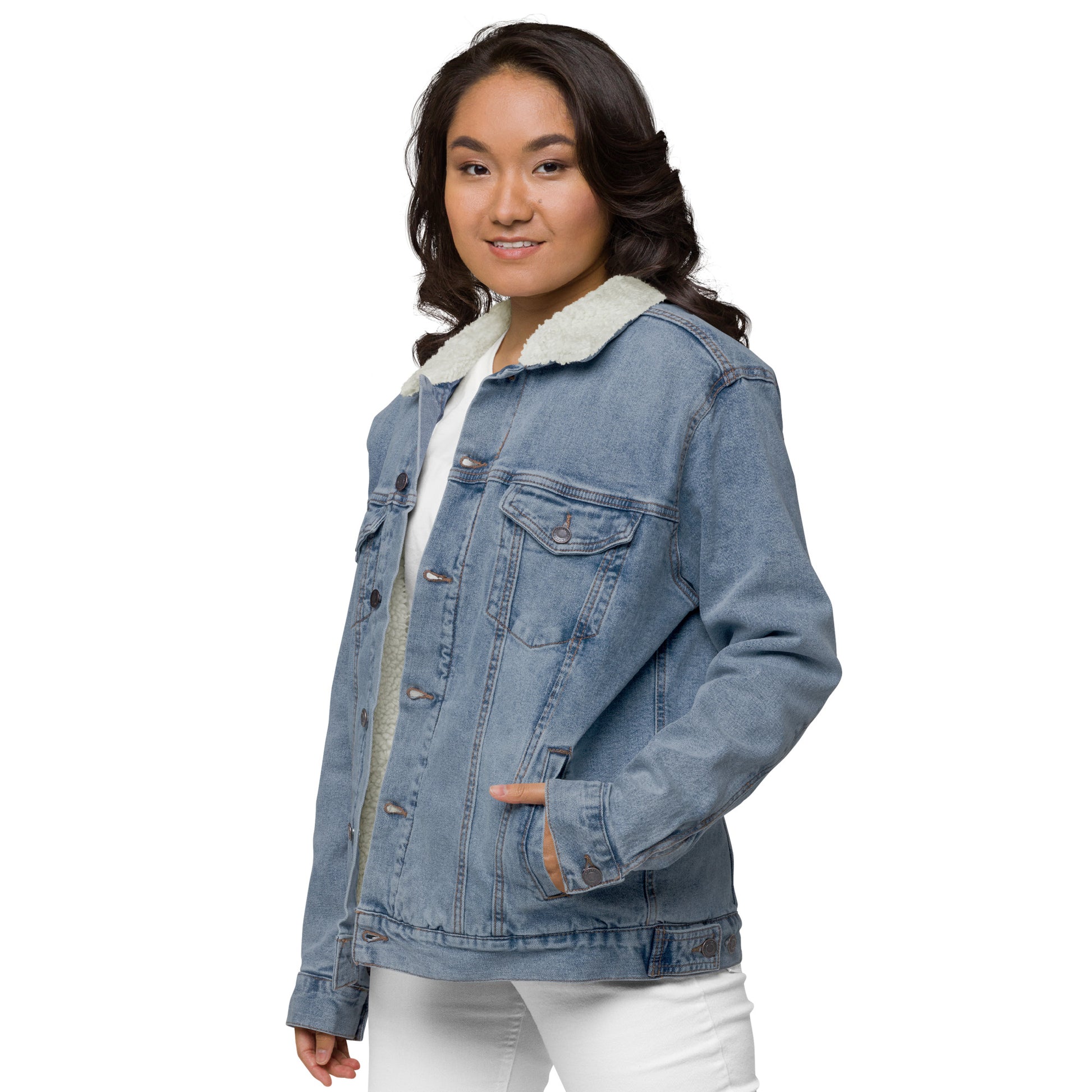 all gender blue denim jacket left front side view woman wearing open jean jacket sherpa collar sherpa lined jacket