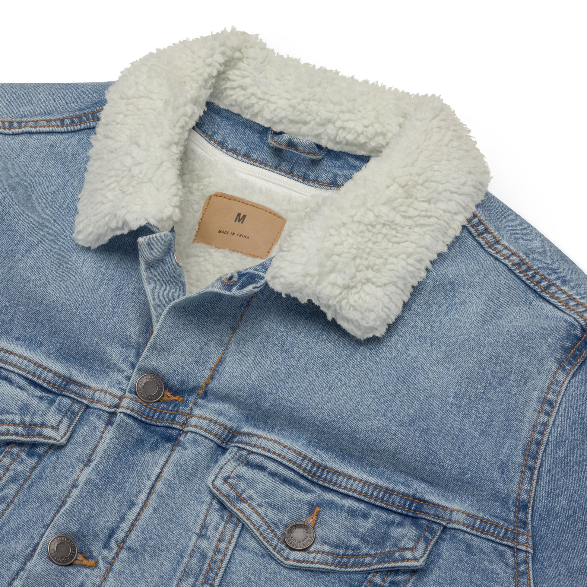 all gender denim jacket front view buttoned sherpa collar detail jean jacket sherpa lined jacket