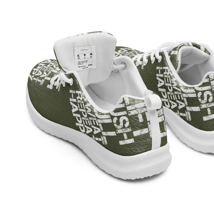 Womens khaki green sneakers peek inside cushy insole padded collar breathable lining white lift push pull sweat repeat happy distress print