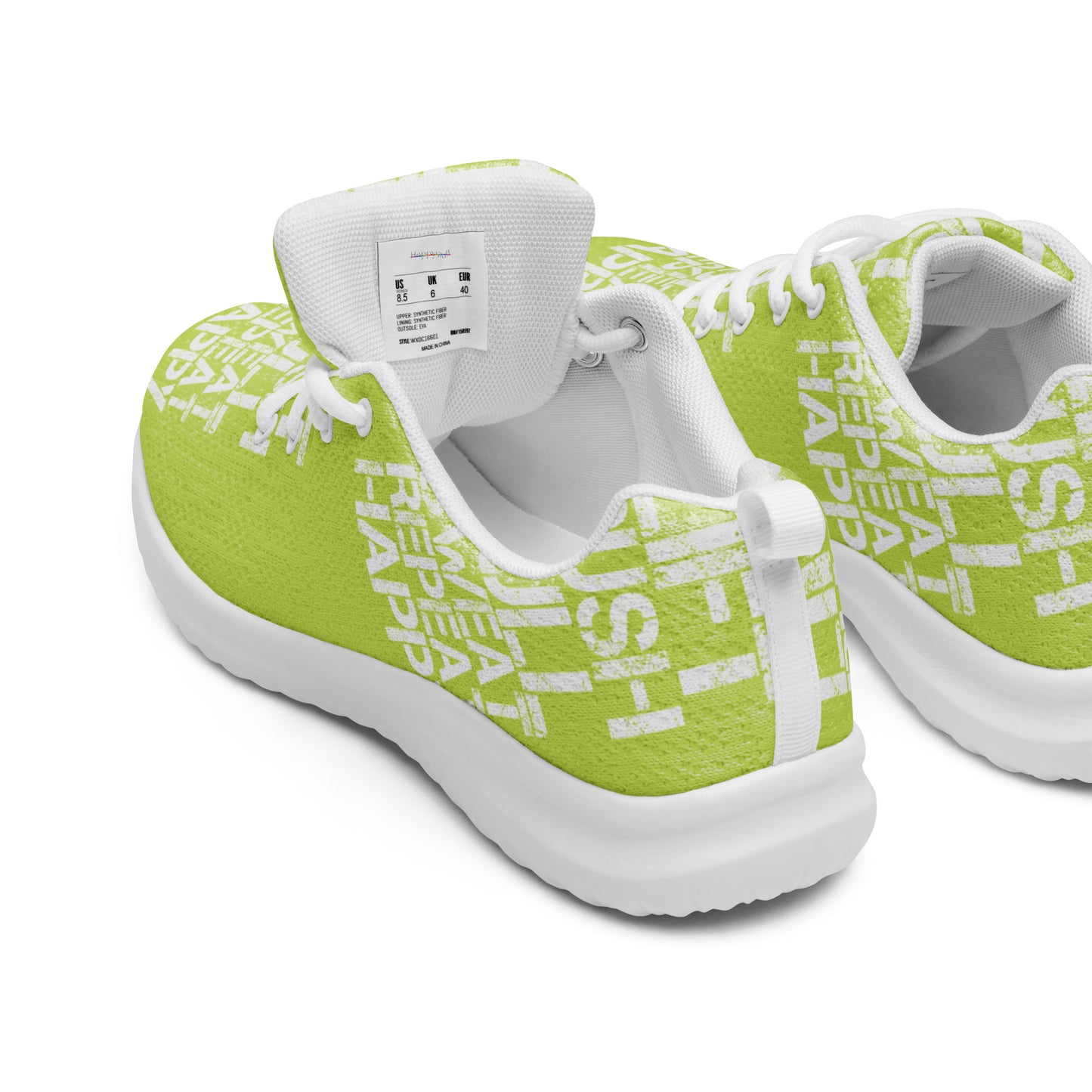 Womens green sneakers peek inside cushy insole padded collar breathable lining white lift push pull sweat repeat happy distress print