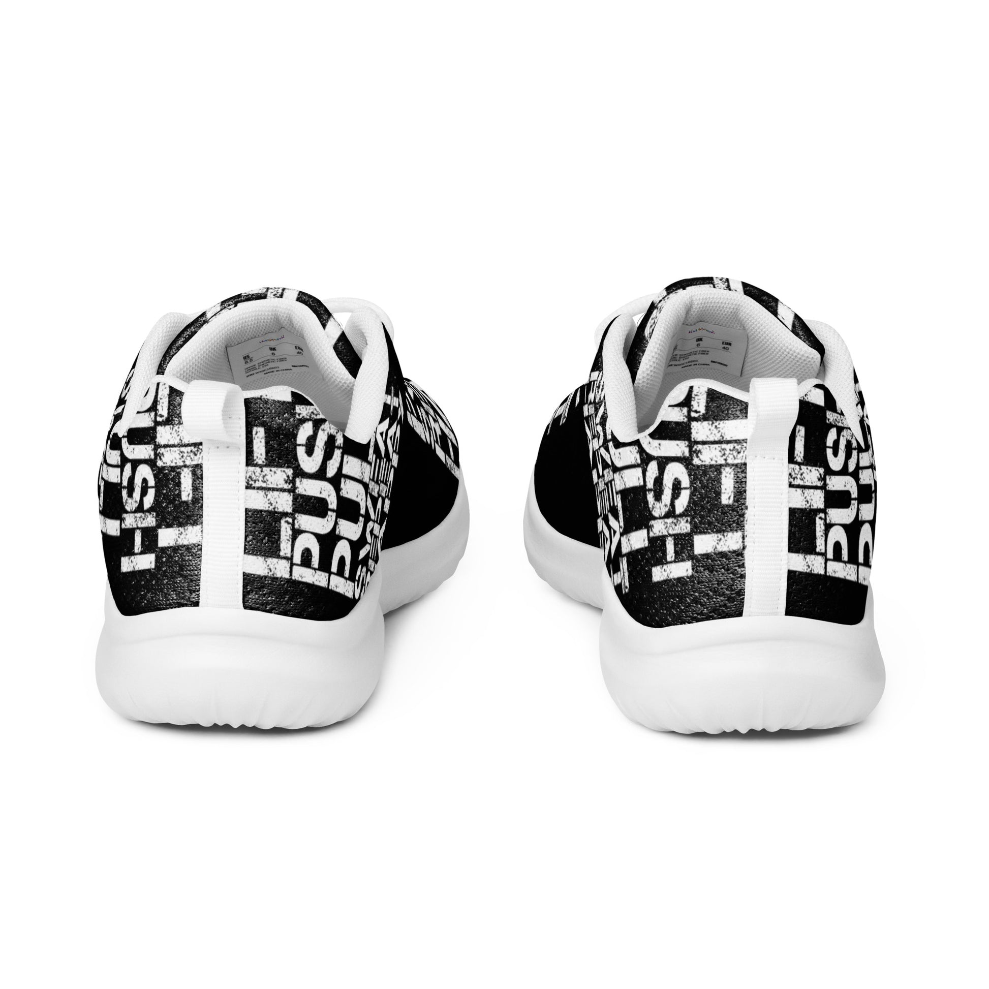 Ultralight black sneakers back view pull tabs padded collar womens athletic shoes white lift push pull sweat repeat happy distress print