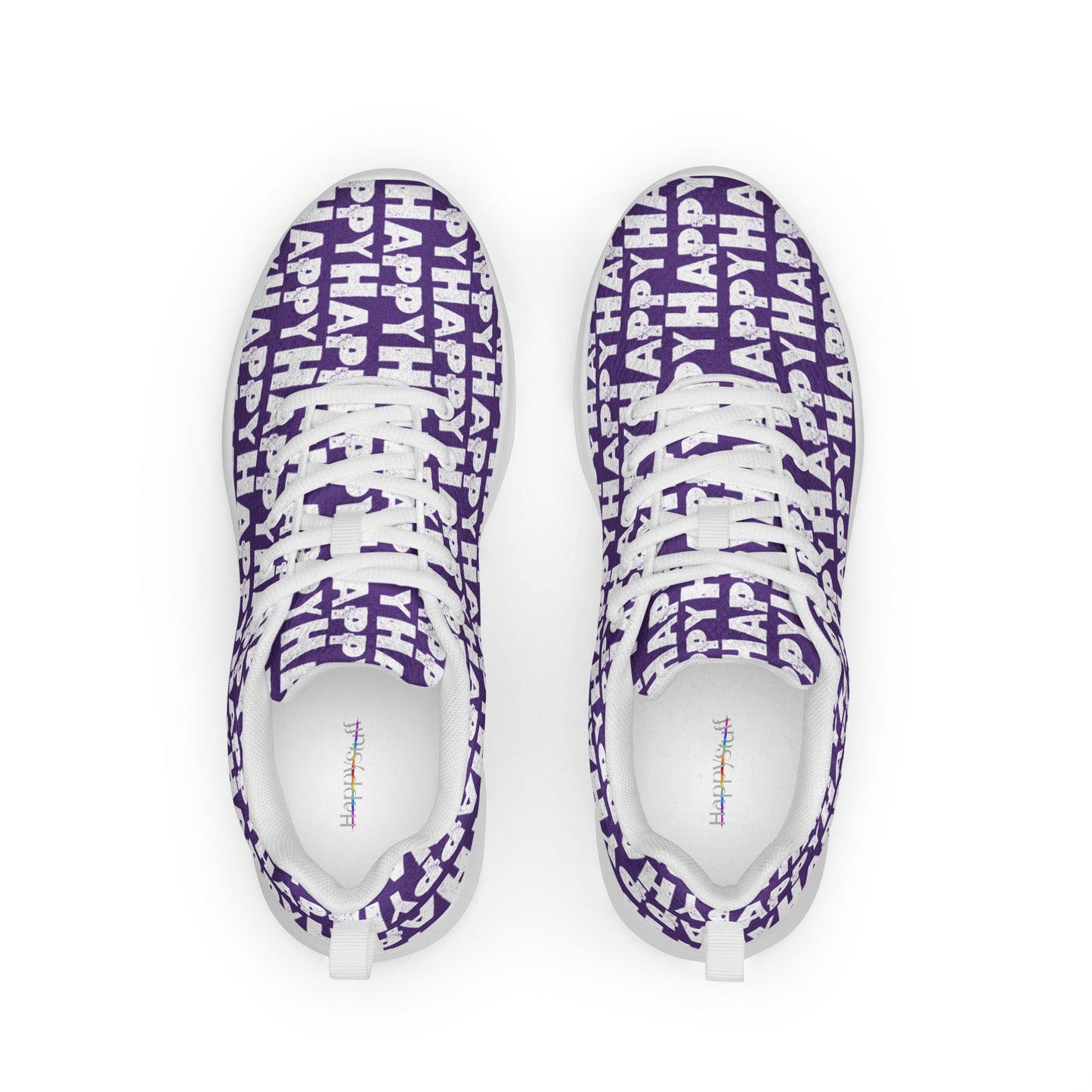 HappyStuff purple sneakers top view lace up Happy Sponge Print womens athletic shoes padded collar soft insole label showing