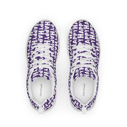 HappyStuff purple sneakers top view lace up Happy Sponge Print womens athletic shoes padded collar soft insole label showing