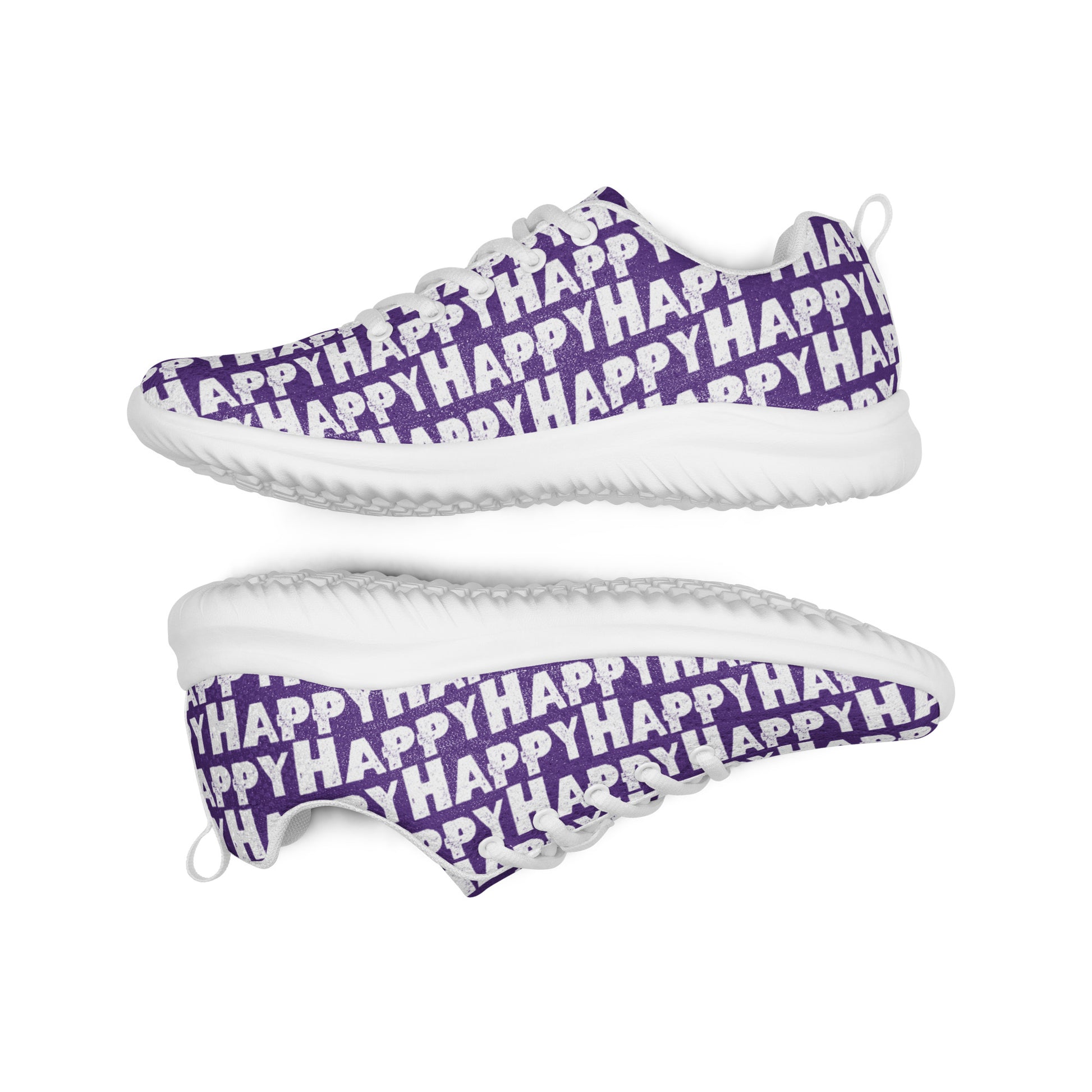 Lightweight purple sneakers flip view grip treads padded collar lace up Happy Sponge Print womens athletic shoes HappyStuff brand