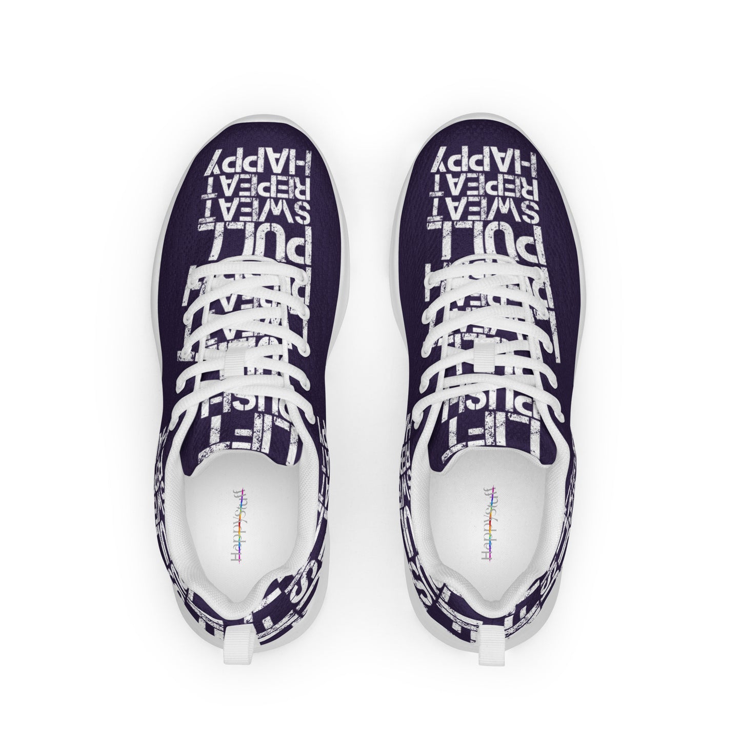 Dark purple sneakers top view womens athletic shoes padded collar soft insole label showing white lift push pull sweat repeat happy distress print