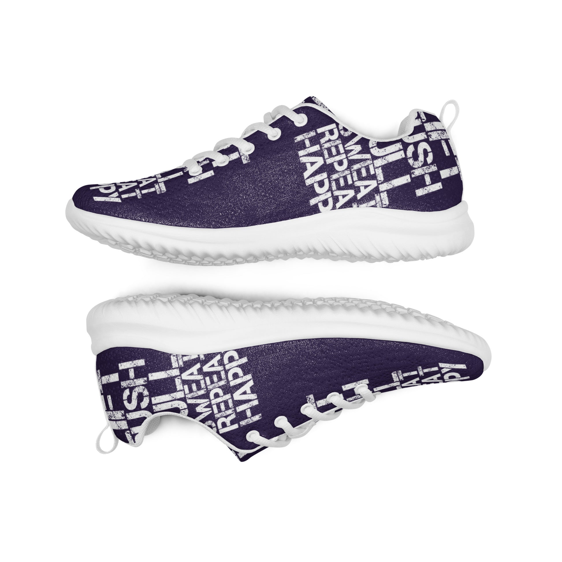 Lightweight dark purple sneakers flip view grip treads padded collar lace up lift push pull sweat repeat happy distress print womens athletic shoes