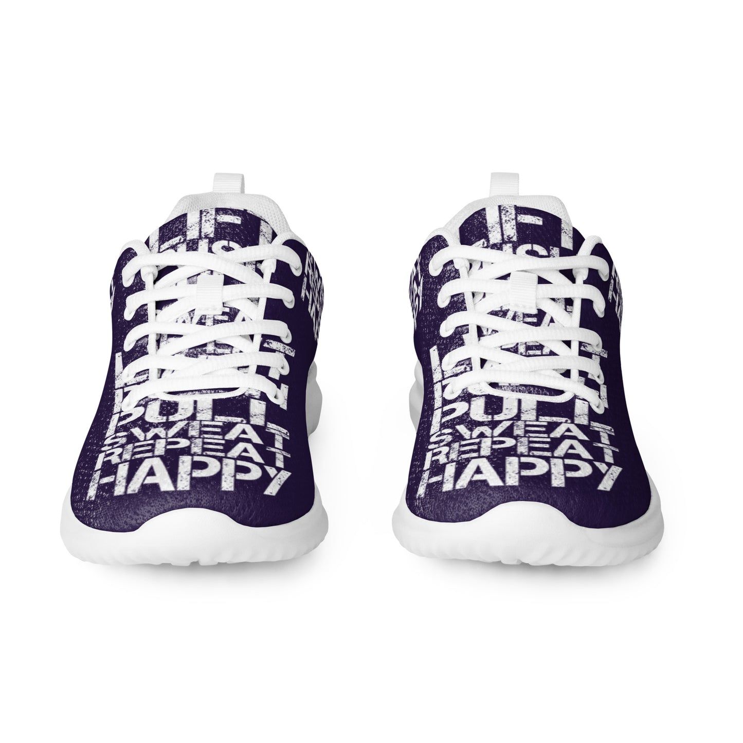 Dark purple sneakers sleek front view rubber tread detail white lift push pull sweat repeat happy distress print lace up womens athletic shoes