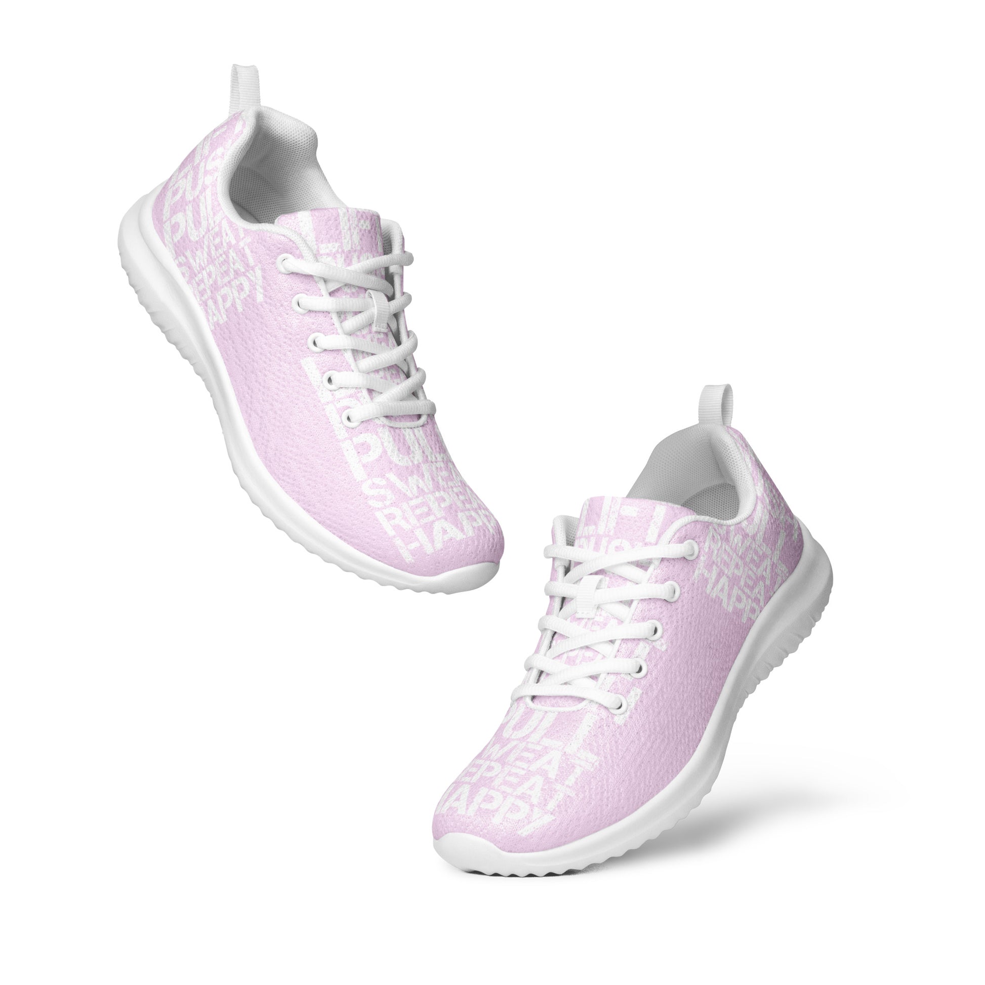 Womens ultralight flyknit pink sneakers floating view padded collar pull tabs white lift push pull sweat repeat happy distress print