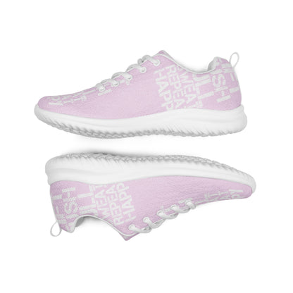 Lightweight pink sneakers flip view grip treads padded collar lace up lift push pull sweat repeat happy distress print womens athletic shoes