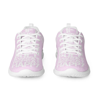 Pink sneakers sleek front view rubber tread detail white lift push pull sweat repeat happy distress print lace up womens athletic shoes