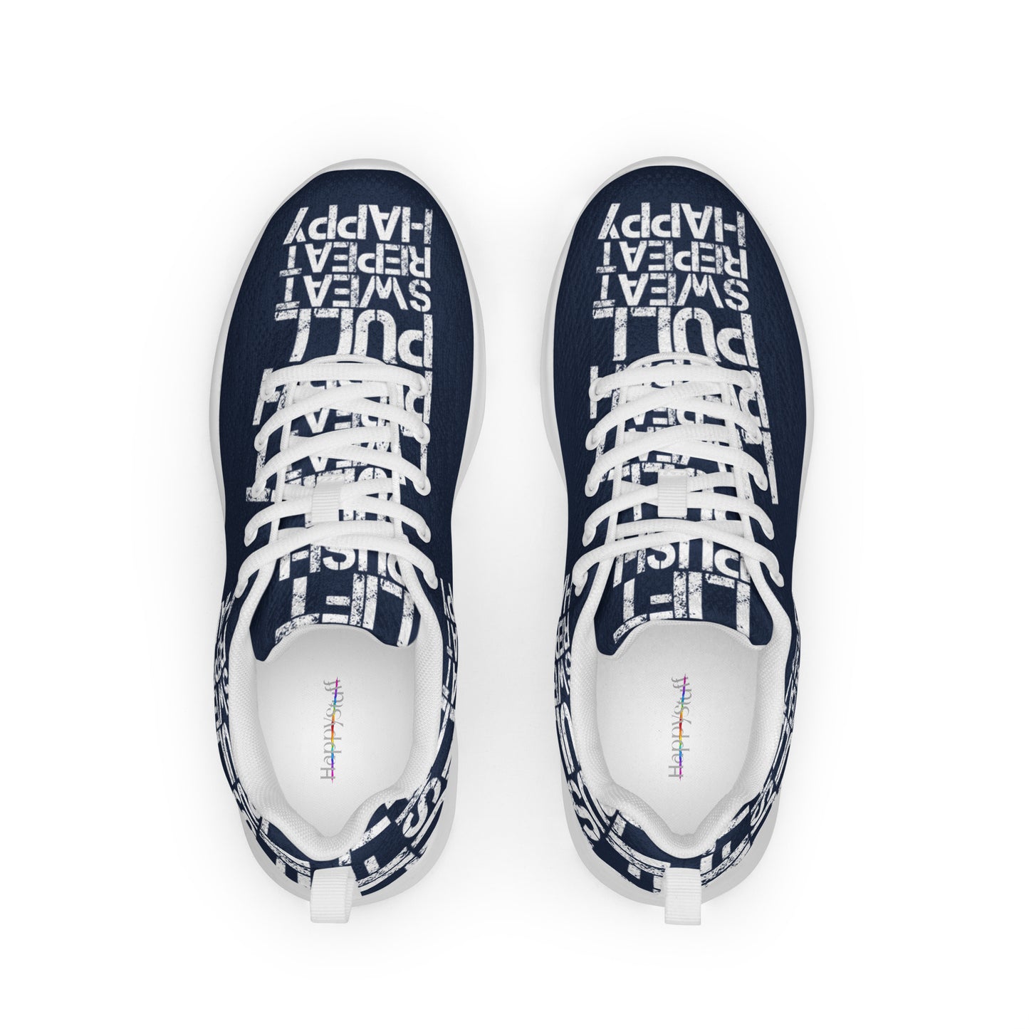 Navy blue sneakers top view womens athletic shoes padded collar soft insole label showing white lift push pull sweat repeat happy distress print