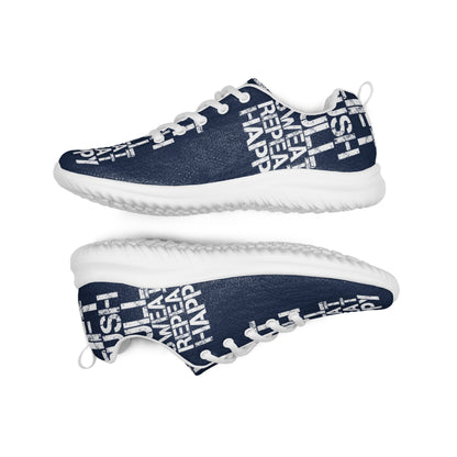 Lightweight navy blue sneakers flip view grip treads padded collar lace up lift push pull sweat repeat happy distress print womens athletic shoes