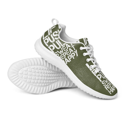 Womens khaki green athletic shoes closeup serrated rubber sole with white lift push pull sweat repeat happy distress print ultralight soft flyknit